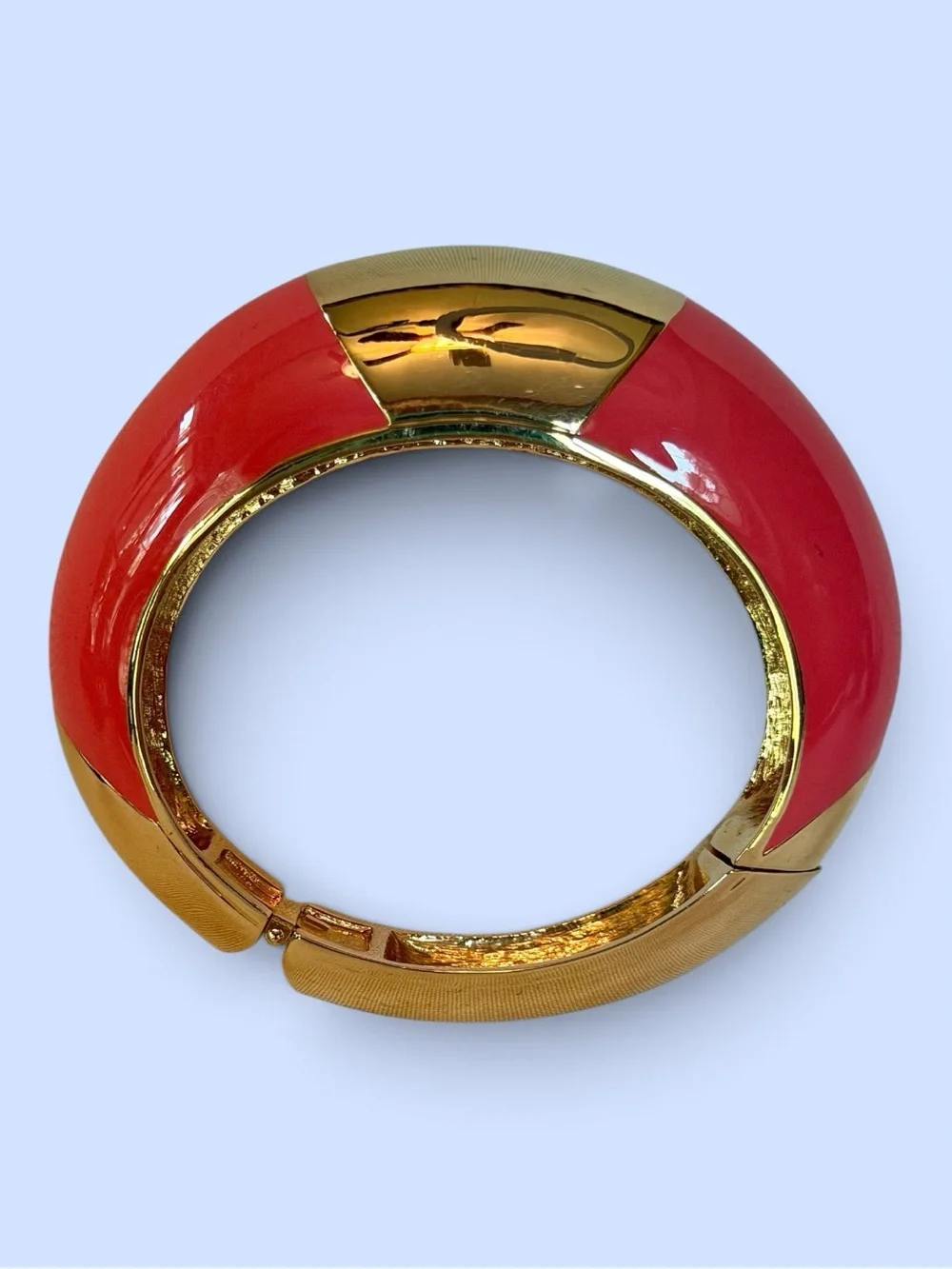 CC SKYE Coral Pink Enamel Gold Tone Hinged Statement Bangle Bracelet Marked